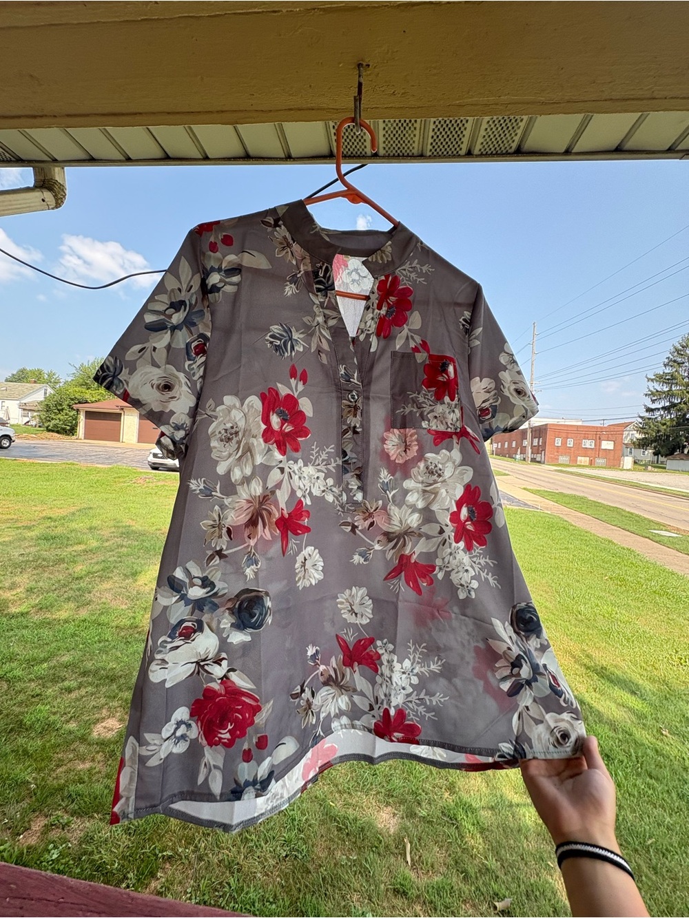 Gray Floral Split-Neck Tunic with Red & White Blooms
